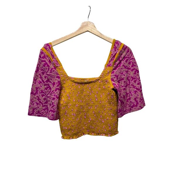 Free People Smocked Crop Top Sz S Ditsy Floral Boho Mustard Yellow Magenta - Picture 3 of 7